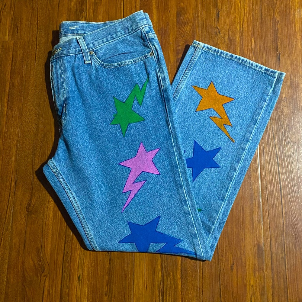 Washed blue jeans/ painted bape star